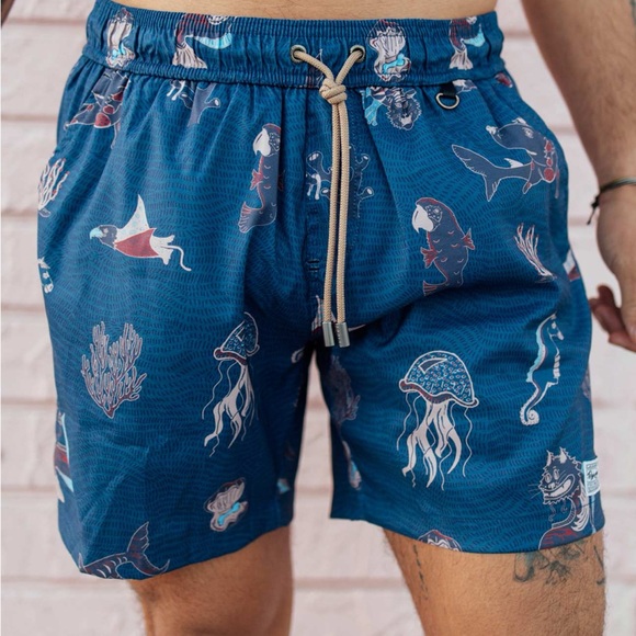 Baja Llama Navy SPLIT PERSONALITIES - STRETCH SWIMSUIT Swim Trunk Men Large - Picture 1 of 14